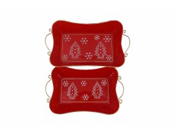 Set di due cesti vassoi in metallo rosso natalizio con manici oro e decorazioni bianche con alberi di Natale e fiocchi di neve.