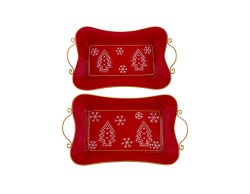 Set 2 Cesti Vassoio in Metallo Rosso Natalizio con Manici Oro – Decorazione Natalizia Le Stelle su Bomboniere Dolci Emozioni