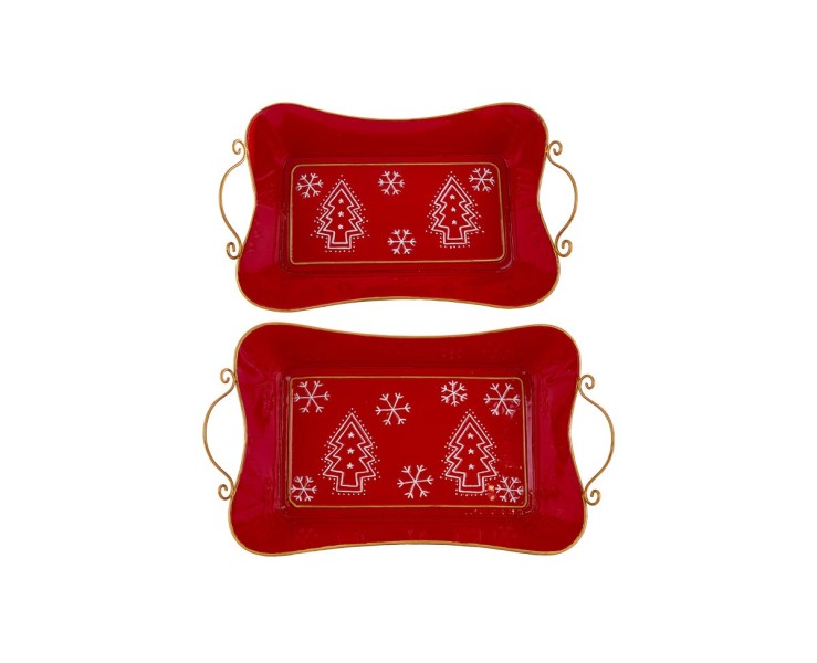 Set 2 Cesti Vassoio in Metallo Rosso Natalizio con Manici Oro – Decorazione Natalizia Le Stelle su Bomboniere Dolci Emozioni