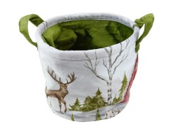 Cestino tondo in stoffa con manici verdi e decoro di renna e alberi in paesaggio invernale diametro 19 cm altezza 18 cm.