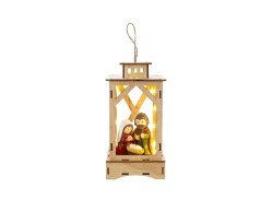 Lanterna natalizia in legno chiaro con luci LED e statuine in resina colorata della Sacra Famiglia dimensioni 9,5x7x17,5 cm.