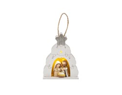 Albero di Natale in legno bianco decapato con presepe della Sacra Famiglia in resina e illuminazione LED interna altezza 11 cm.