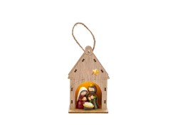 Capanetta natalizia in legno naturale con presepe della Sacra Famiglia in resina colorata e luce LED