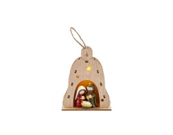 Campana natalizia, presepe della Sacra Famiglia in resina colorata e luce LED calda altezza 11 cm.