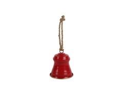 Campana natalizia pendente in metallo rosso lucido con bordo dorato e corda di juta altezza 14 cm.