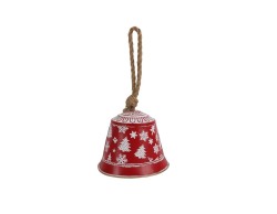 Campana natalizia grande in metallo rosso con motivi bianchi di alberi di Natale e fiocchi di neve e corda in juta