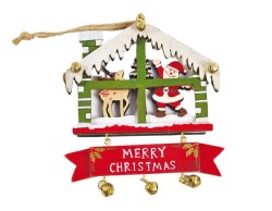 Appendino natalizio in legno a forma di casetta con Babbo Natale, renna, targa Merry Christmas e sonaglietti dorati.