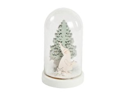 Campana in vetro natalizia con base in legno bianca, Babbo Natale, albero verde salvia innevato e illuminazione LED
