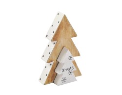Alberello di Natale decorativo in legno naturale e bianco con scritta X-MAS e bordo a pois altezza 15,5 cm.