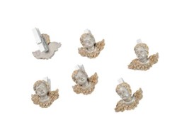 Set di 6 mollette decorative natalizie a forma di cherubino in resina argento e oro con clip posteriore altezza 4 cm.