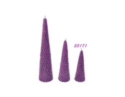 Candela natalizia conica a forma di alberello di colore viola lucido con superficie a perle altezza 15 cm.