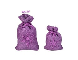 Candela natalizia sagomata a forma di sacco regalo viola brillante con trama effetto juta e fiocco di neve glitterato