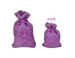 Candela natalizia piccola sagomata a forma di sacco regalo viola brillante con trama effetto juta e fiocco di neve