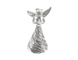 Statuina di angelo piccolo in vetro trasparente con abito ritorto e ali spiegate altezza 10 cm.