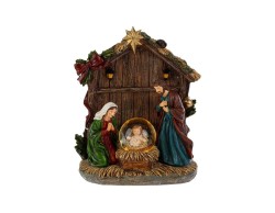 Capanna del presepe in resina con Sacra Famiglia e Gesù Bambino in sfera di neve illuminata a LED altezza 16,5 cm.