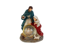 Statuina della Sacra Famiglia in resina dipinta con San Giuseppe, Maria e Gesù Bambino dentro sfera di neve illuminata a LED