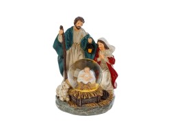 Statuina della Sacra Famiglia in resina con San Giuseppe, Maria e Gesù Bambino racchiuso in una sfera di neve illuminata a LED