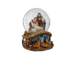 Carillon natalizio con palla di neve in vetro contenente la Sacra Famiglia e base in resina a forma di stalla con bue e asinello