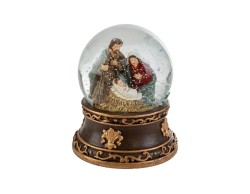 Ampolla con palla di neve in vetro contenente la Sacra Famiglia su elegante base marrone con decori dorati altezza 9 cm.