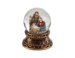 Piccola ampolla con palla di neve in vetro contenente la Sacra Famiglia su base marrone con dettagli dorati altezza 6,5 cm.