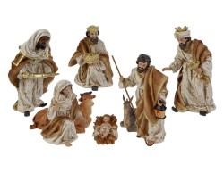 Set presepe natalizio completo in resina da 8 pezzi con Sacra Famiglia, Re Magi, bue e asinello altezza 21 cm.