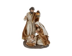 Scultura della Sacra Famiglia in resina con San Giuseppe con lanterna, Maria e Gesù Bambino altezza 30 cm.
