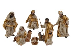 Set presepe natalizio completo in resina oro e avorio da 8 pezzi con Sacra Famiglia, Re Magi, bue e asinello altezza 21 cm.