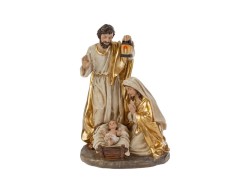 Scultura della Sacra Famiglia in resina oro e avorio con San Giuseppe con lanterna, Maria e Gesù Bambino altezza 30 cm.