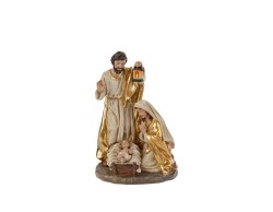 Scultura della Sacra Famiglia in resina oro e avorio con San Giuseppe, Maria e Gesù Bambino altezza 20,5 cm.