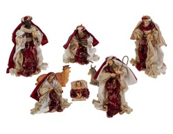 Set presepe natalizio in resina e stoffa bordeaux e oro da 8 pezzi con Sacra Famiglia, Re Magi, bue e asinello altezza 25 cm.