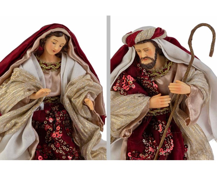 Set Presepe 8 Pezzi in Resina Vestita Bordeaux e Oro h.25 cm – Decorazione Natalizia Le Stelle su Bomboniere Dolci Emozioni