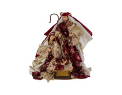Scultura natalizia della Sacra Famiglia in resina vestita con abiti in tessuto bordeaux e oro impreziositi da paillettes