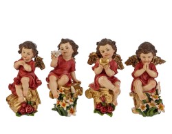 Statuina angioletto decorativo in resina rosso e oro seduto su capitello altezza 18,5 cm disponibile in 4 modelli assortiti.