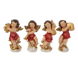 Statuina angelo suonatore in resina rosso e oro con strumento musicale altezza 16 cm disponibile in 4 modelli assortiti.