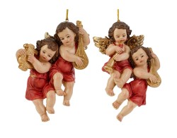 ppendino natalizio con coppia di angeli suonatori in resina rosso e oro con strumenti musicali altezza 16 cm