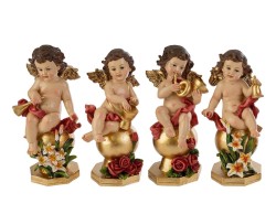 Statuina angelo suonatore in resina rosso e oro seduto su sfera decorata con fiori altezza 21 cm 4 modelli assortiti.