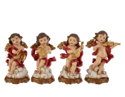 Statuina angelo suonatore in resina rosso e oro con strumento musicale su base nuvola altezza 15 cm 4 modelli assortiti.