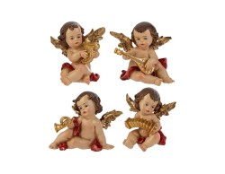 Statuina angelo suonatore seduto in resina rosso e oro con strumento musicale altezza 8,5 cm disponibile in 4 modelli assortiti.