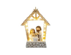 Capanna del presepe in resina con Sacra Famiglia e luci LED calde integrate altezza 18 cm.