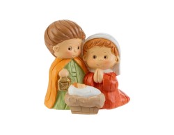 Mini statuina monoblocco della Sacra Famiglia in resina stile bimbi colorata per presepe.