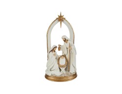 Scultura natalizia in resina bianca e oro della Sacra Famiglia con arcata e stella dorata altezza 46 cm.