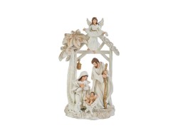 Presepe monoblocco in resina bianca e oro con capanna, Sacra Famiglia, angelo e palme altezza 33 cm.