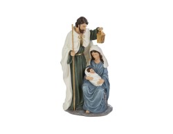 Statuetta natalizia in resina con Sacra Famiglia, San Giuseppe con lanterna e Maria con Gesù Bambino altezza 34 cm.