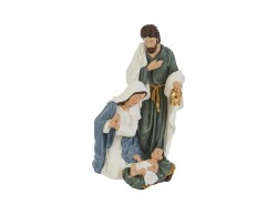 Statuetta natalizia in resina con Sacra Famiglia, San Giuseppe con lanterna dorata e Maria in preghiera altezza 20 cm.