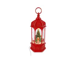 Lanterna natalizia rossa con luci LED, neve in movimento e albero di Natale con Schiaccianoci altezza 32,5 cm.
