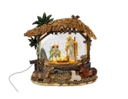 Presepe a forma di capanna in resina con Sacra Famiglia, animali, luci LED e neve in movimento altezza 20 cm.