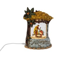 Presepe in resina a capanna con Sacra Famiglia, illuminazione LED e neve in movimento altezza 20 cm.