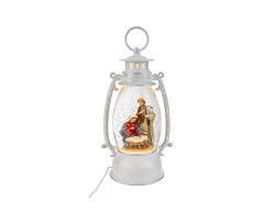 Lanterna natalizia bianca anticata con Sacra Famiglia, luci LED e neve in movimento altezza 29 cm.