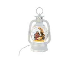 Lanterna natalizia bianca anticata da tavolo con Sacra Famiglia, illuminazione LED e neve in movimento altezza 17 cm.
