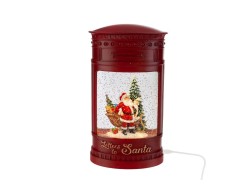 Cassetta delle lettere rossa di Babbo Natale con neve in movimento, luci LED e figura di Babbo Natale altezza 25 cm.